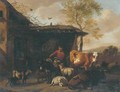 A rustic by a barn with his donkey and other animals - Dirk van Bergen