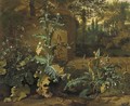 Frogs, butterflies and snails amid undergrowth near a wall, an Italianate garden beyond - Dirck Maas