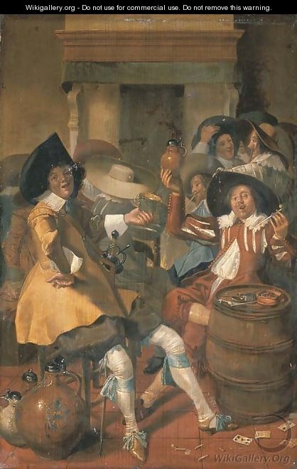 Elegantly dressed men merrymaking in an interior - Dirck Hals
