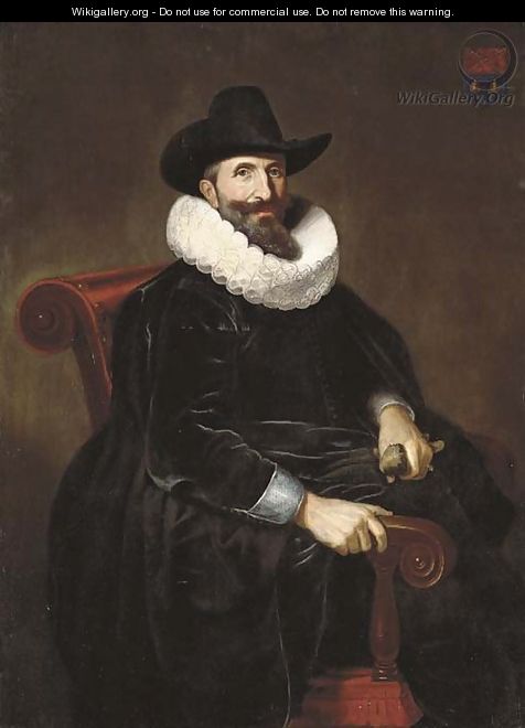 Portrait of Elias van Cuelen (c. 1585-c. 1652), seated, three-quarter-length, in a black velvet doublet with a white lace ruff and a black hat - Dirck Dircksz. Santvoort