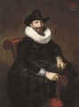 Portrait of Elias van Cuelen (c. 1585-c. 1652), seated, three-quarter-length, in a black velvet doublet with a white lace ruff and a black hat - Dirck Dircksz. Santvoort