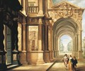 A fantastical palace with an elegant couple walking in front of a portico - Dirck Van Delen