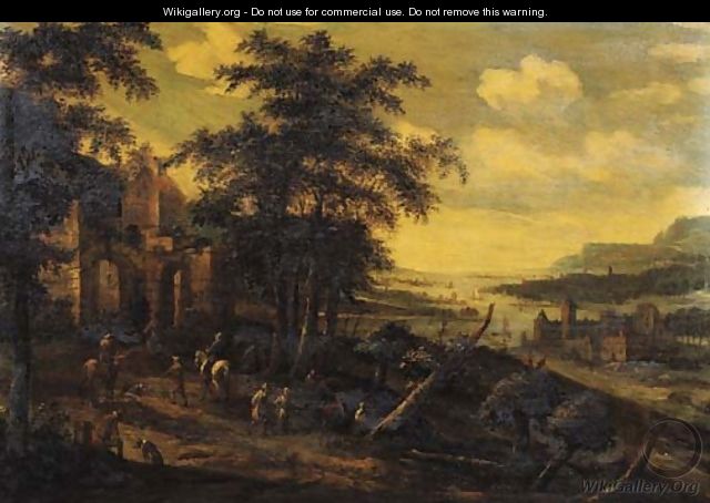 Travellers and peasants on a road by a ruined mansion, a valley beyond - Dionys Verburgh