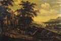 Travellers and peasants on a road by a ruined mansion, a valley beyond - Dionys Verburgh