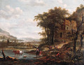 Drivers watering cattle and muleteers on a path in a mountainous river landscape - Dionys Verburgh