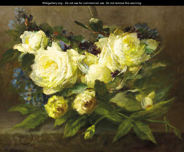 Still life with yellow roses and forget-me-nots - Desire de Keghel