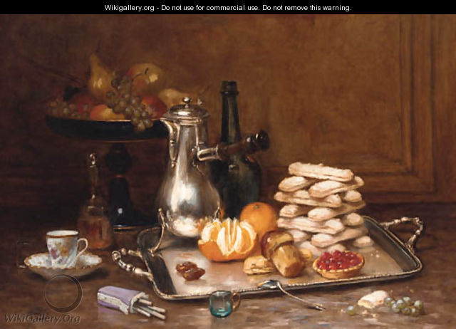 A coffee-pot, a peeled orange, a stack of meringues and a fruit tart on a silver tray - Desire Alfred Magne