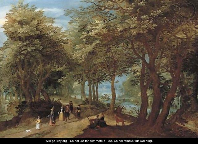 A wooded landscape with an amorous couple seated by a tree and elegant company strolling on a path near a river - Denys Van Alsloot