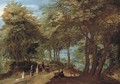A wooded landscape with an amorous couple seated by a tree and elegant company strolling on a path near a river - Denys Van Alsloot