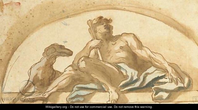 A seated shepherd with a dog study for a lunette - Domenico Piola