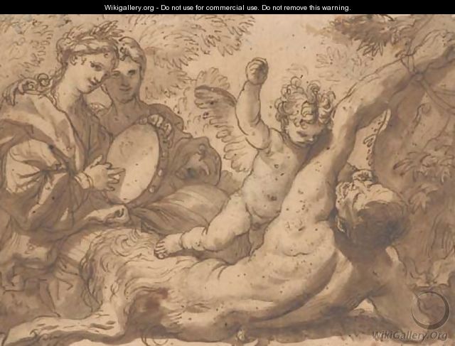 A putto striking a satyr bound to a tree, two women playing a tambourine on the left - Domenico Piola