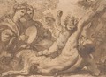 A putto striking a satyr bound to a tree, two women playing a tambourine on the left - Domenico Piola