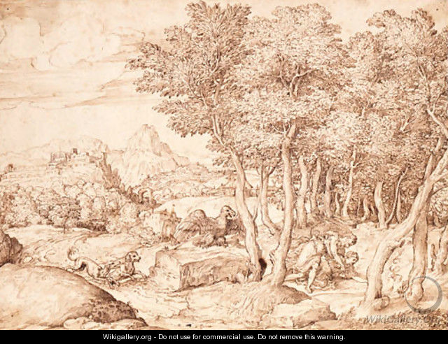 An extensive mountainous landscape with Cephalus and Procris - Domenico Campagnola