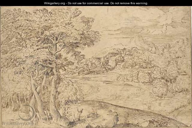 An extensive landscape with shepherds and their flocks below a town - Domenico Campagnola