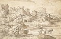 An extensive landscape with a fortified town, a mother and child in the foreground - Domenico Campagnola