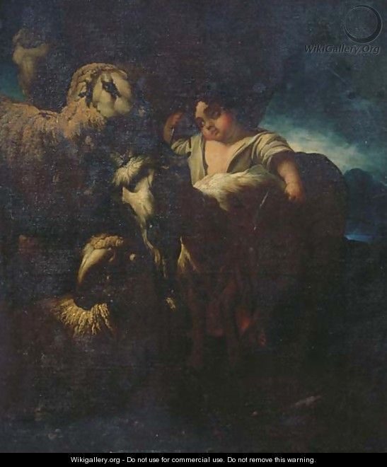 A shepherd and his flock in a moonlit landscape - Domenico Brandi