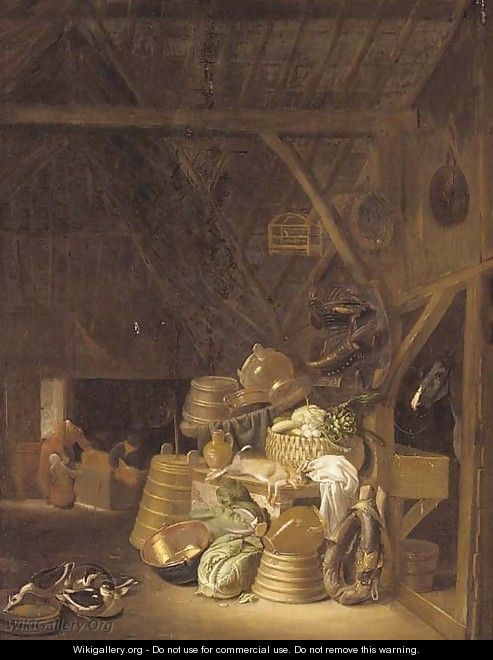 A barn interior with a basket of vegetables, a dead hare, cabbages, pots and pans and a jug on a table, with a horse tethered in a byre - Dirck Wyntrack