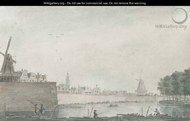View of the Raampoort, Amsterdam, with figures fishing on a barrage 2 - Theodor (Dirk) Verrijk