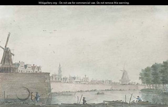 View of the Raampoort, Amsterdam, with figures fishing on a barrage - Theodor (Dirk) Verrijk