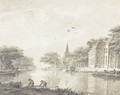 A riverbank with houses and fishermen - Theodor (Dirk) Verrijk