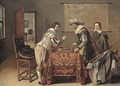 Gentlemen playing tric-trac around a table in an interior - Dirck Witting
