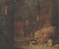 A barn interior with copper pots, wooden barrels and a cat drinking milk nearby - Dirck Wijntrack