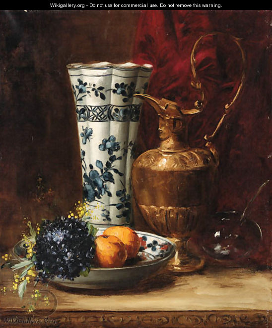 A bowl of oranges and violets with a ewer and a vase - Dominique-Hubert Rozier