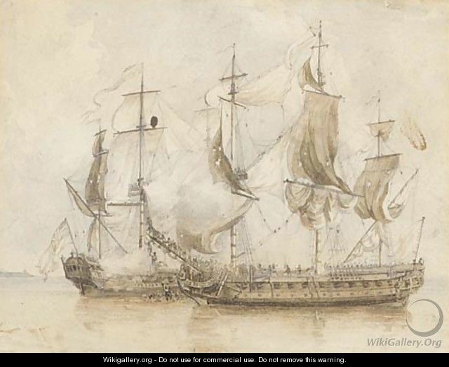 H.M.S. Experiment capturing the French privateer Telemarque, off Alicante, 19th June 1757 - Dominic Serres