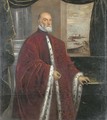 Portrait of a Venetian Senator, three-quarter-length, in robes of office, by a green curtain with a Venetian landscape beyond - Domenico Tintoretto (Robusti)