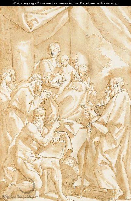 The Madonna and Child seated on a pedestal with the infant Baptist, Saint John, Saint Paul, Saint Jerome and Saint Francis - Domenico Piola