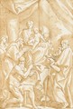 The Madonna and Child seated on a pedestal with the infant Baptist, Saint John, Saint Paul, Saint Jerome and Saint Francis - Domenico Piola