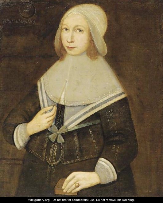 Portrait of a lady, half-length, a ring in her right hand and a book in her left hand - Dutch School