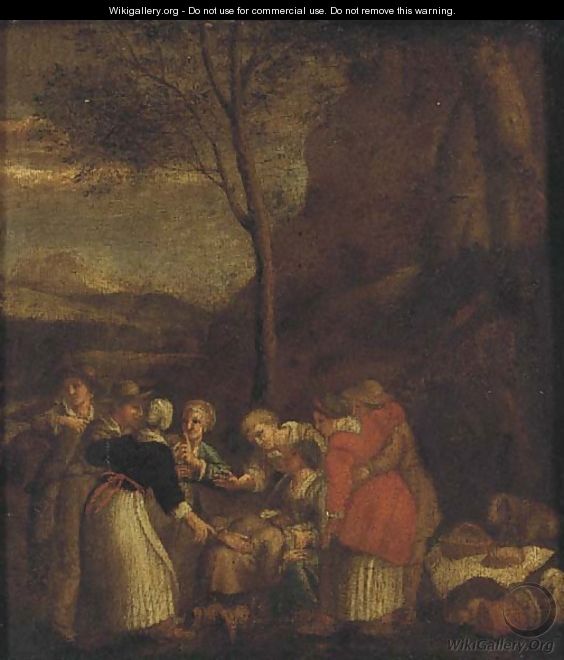 Peasants gathered in a landscape - Dutch School