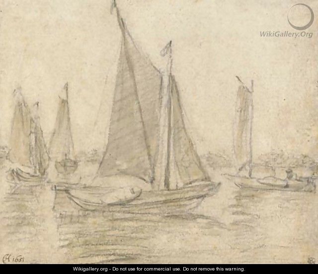 Four sailing boats on a broad river - Dutch School