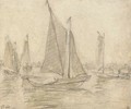Four sailing boats on a broad river - Dutch School