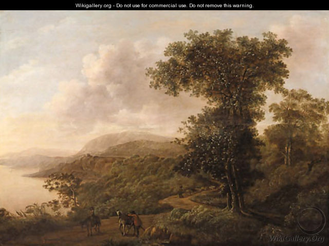 An extensive mountainous river Landscape with Horsemen and a Shepherd on a Track in the foreground - Dutch School