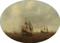 Dutch men o' war in choppy waters, a fortified town and church in the distance - Dutch School