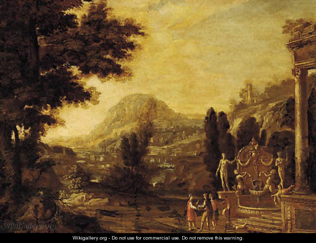 An Italianate landscape with figures and ruins - Dutch School