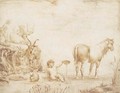 An infant pouring water from a dish, flanked by a horse, a rabbit and two goats, two figures with a cow in the background - Dutch School