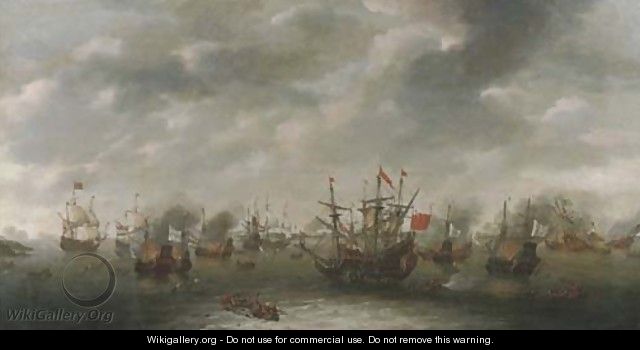 A naval battle, possibly the Battle of Leghorn - Dutch School