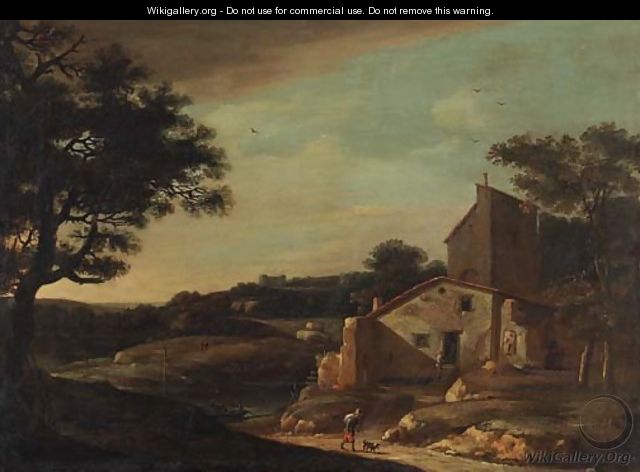 A landscape with a traveller on a path near a cottage - Dutch School