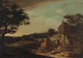 A landscape with a traveller on a path near a cottage - Dutch School