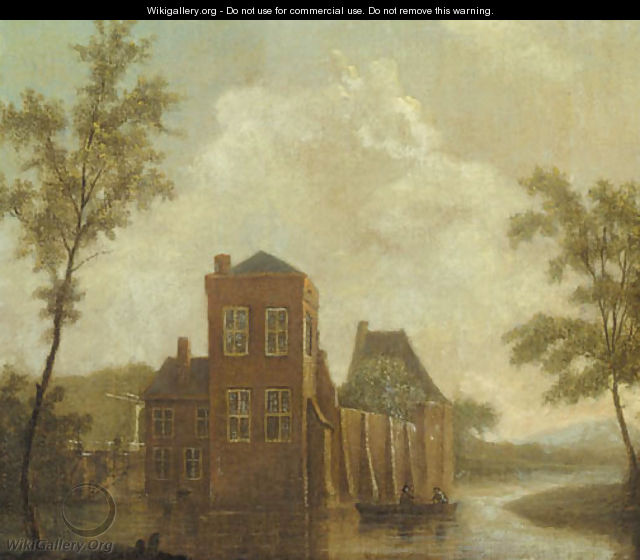 A castle by a river with fishermen in a rowing boat - Dutch School