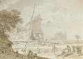 Landscape with farmers haying near a windmill and a farmhouse, a town beyond - Dutch School