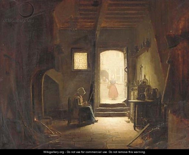 A young girl working in an interior - Dutch School