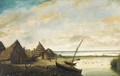 A coastal landscape with figures by huts, possibly south-east Asia - Dutch Colonial School