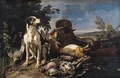 A hound guarding dead game at the edge of a wood - David de Coninck