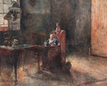 An interior with a child in a baby-chair - David Oyens