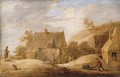 A village landscape with peasants outside a cottage and a traveller on a path - David III Teniers