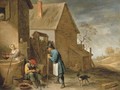 A peasant eating mussels at a farm, with a woman at a well and a man with his dog, a landscape with a church beyond - David III Teniers